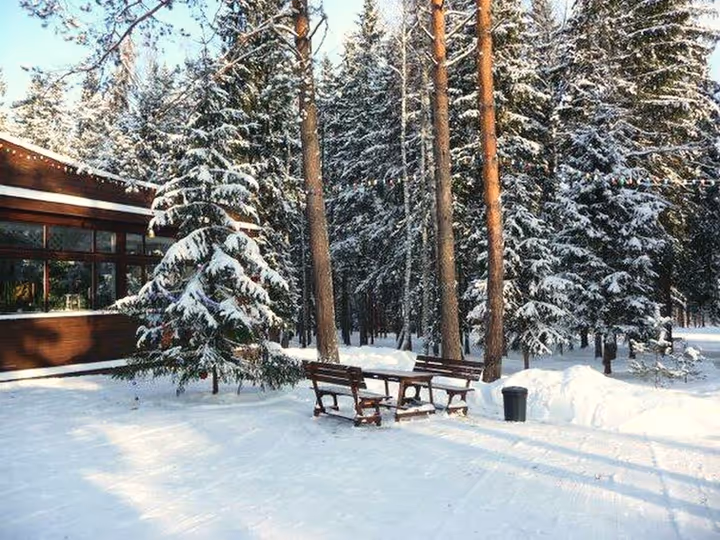 Стеклянный павильон столовой зимой